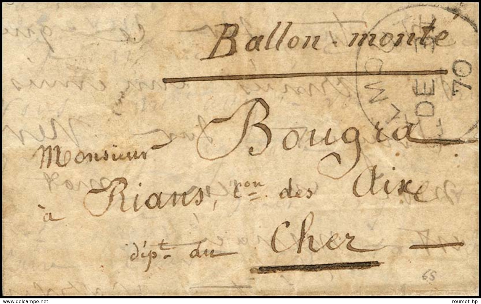 Lettre (petit Format) Avec Texte Datée De Paris Le 26 Novembre 1870 Pour Le Cher, Au Recto Rare Càd De Repêchage FALMOUT - Oorlog 1870