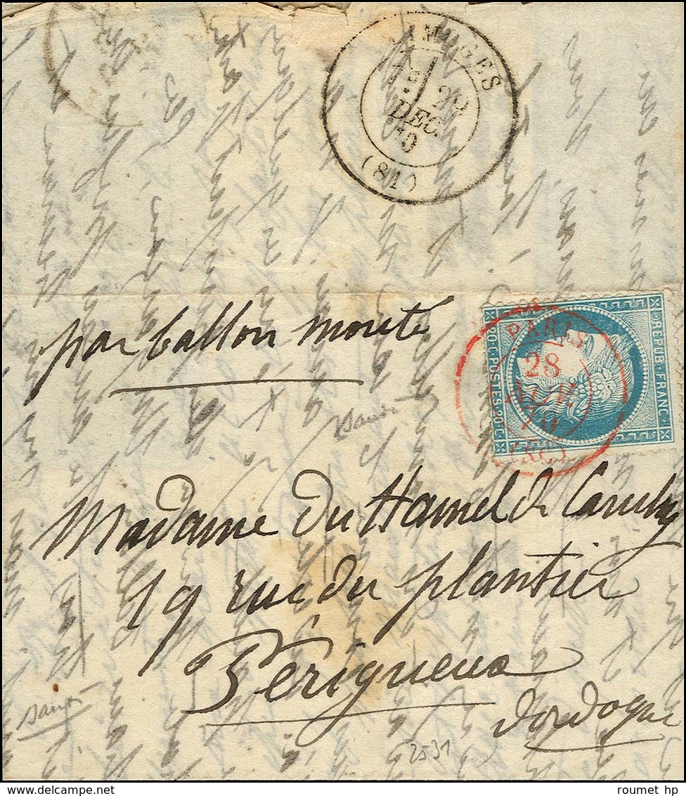 Càd Rouge PARIS (SC) 28 NOV. 70 / N° 37 Sur Lettre Pour Périgueux (Dordogne), Au Verso Càd De Passage LIMOGES 29 DEC. 70 - War 1870