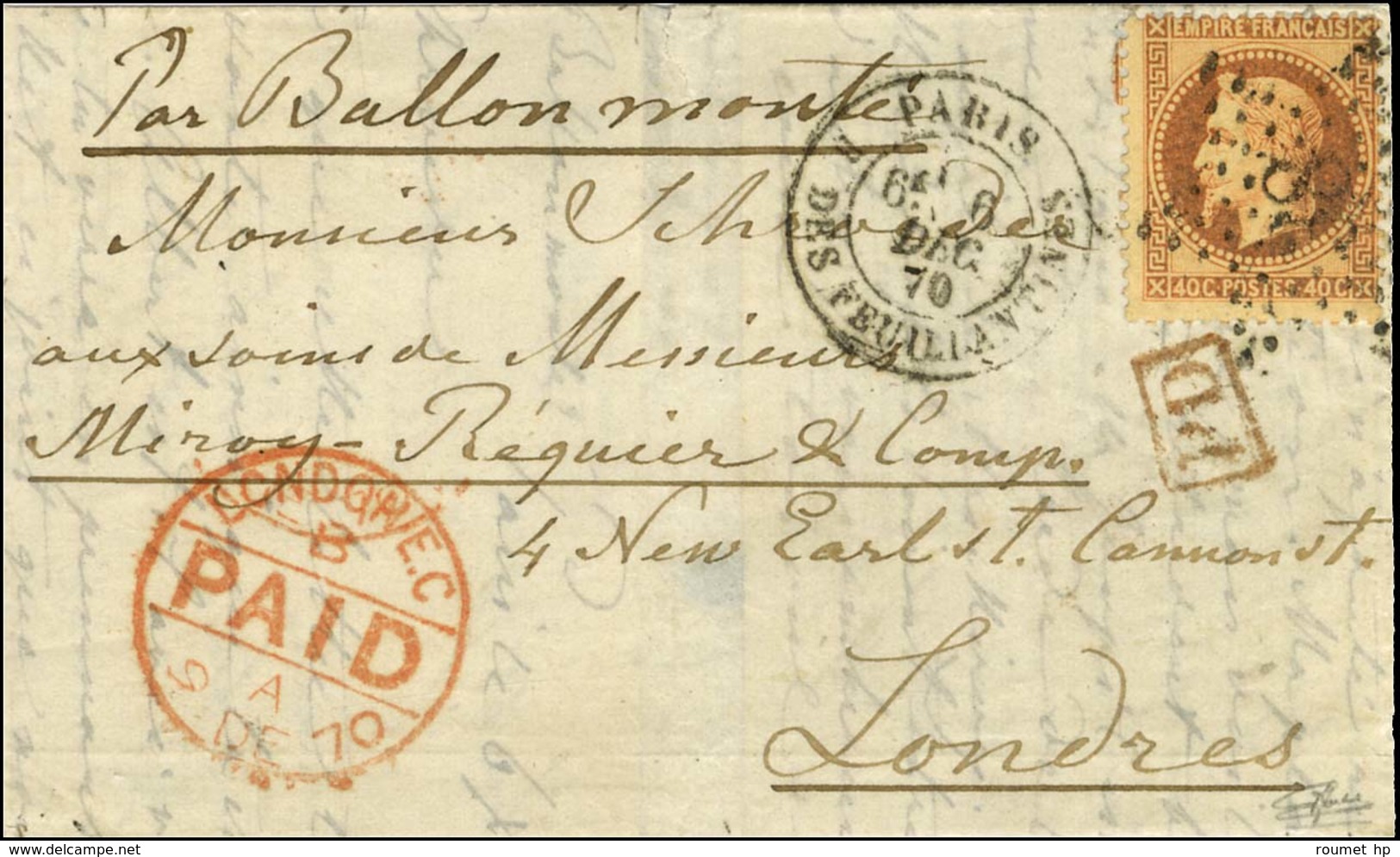 Etoile 38 (rare) / N° 31 Càd PARIS / R. DES FEUILLANTINES 6 DEC. 70 Sur Lettre Pour Londres. Au Recto, Càd D'arrivée 9 D - Oorlog 1870