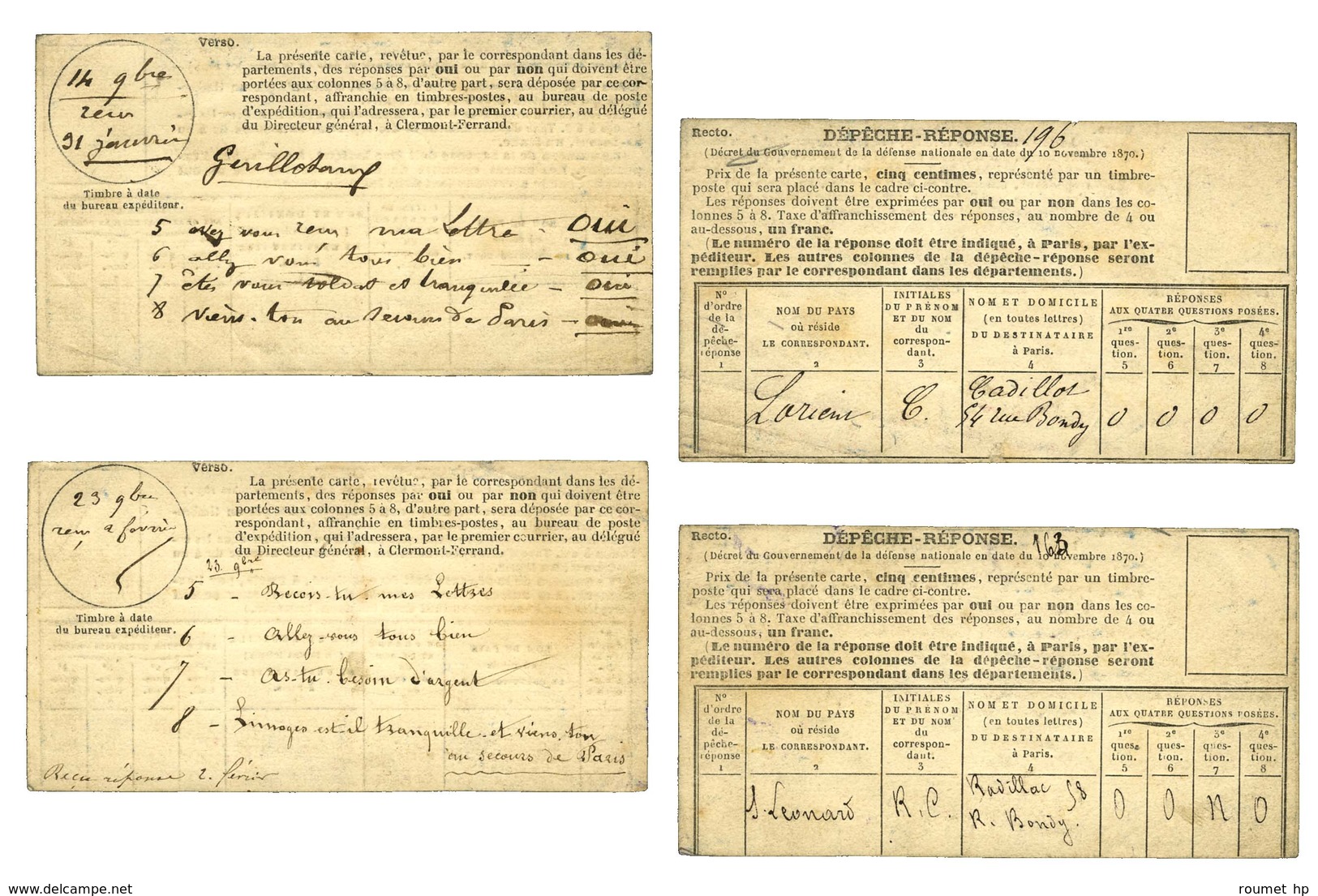 Lot De 2 Cartes Réponses Rédigées Par Le Même Expéditeur Et Réexpédiées Toutes Deux à Paris Avec Mentions Manuscrites De - Oorlog 1870