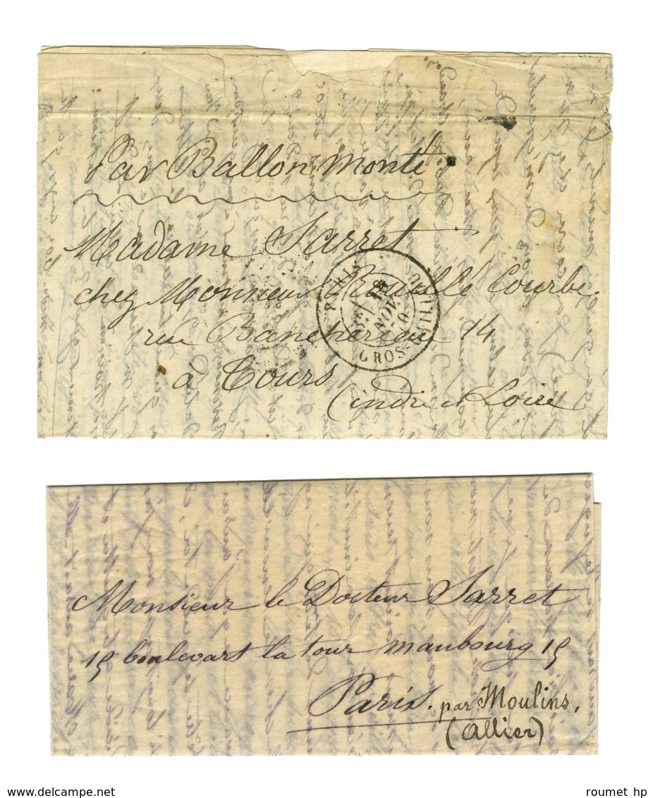 Ballon Monté (timbre Manquant) Adressé à Madame Sarret à Tours + Boule De Moulins Sans Timbre Adressée En Retour à Monsi - War 1870