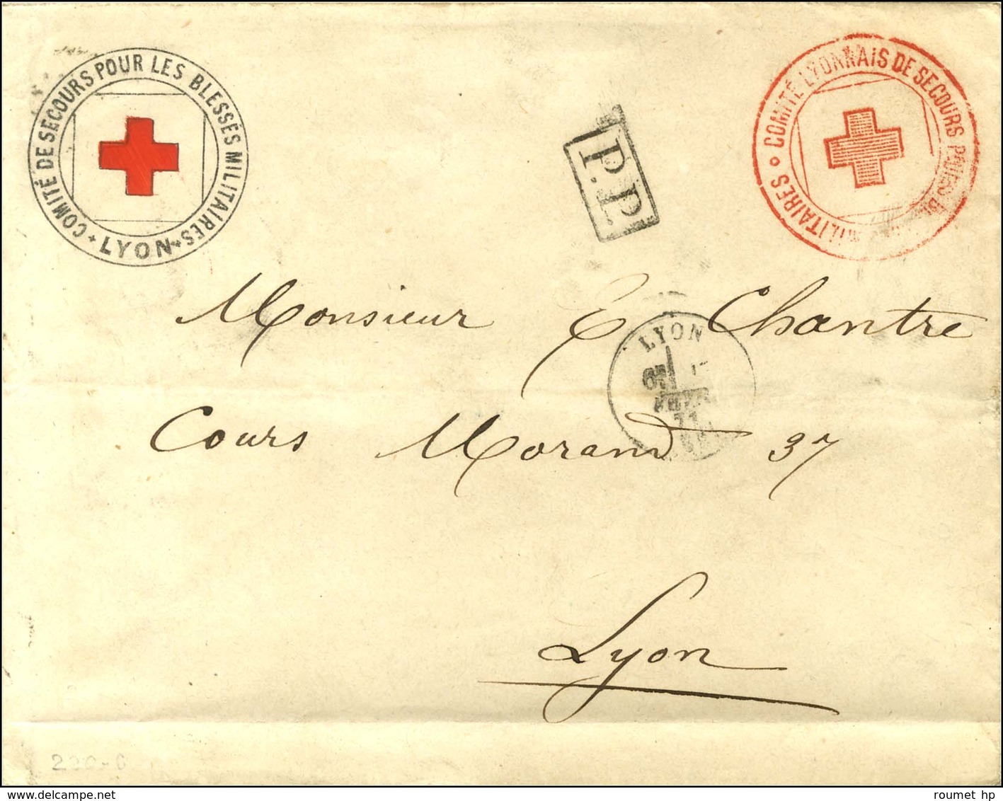 Càd LYON (68) 17 FEVR. 71 + P.P. Sur Enveloppe Imprimée Locale Du Comité De Secours Pour Les Blessés Militaires De Lyon. - War 1870