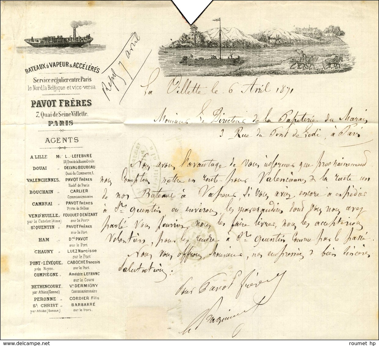 Càd PARIS (60) 6 AVRIL 71 / N° 28 Sur Lettre Avec Très Bel En-tête Des Bateaux à Vapeur Datée De La Villette Le 6 Avril  - Oorlog 1870