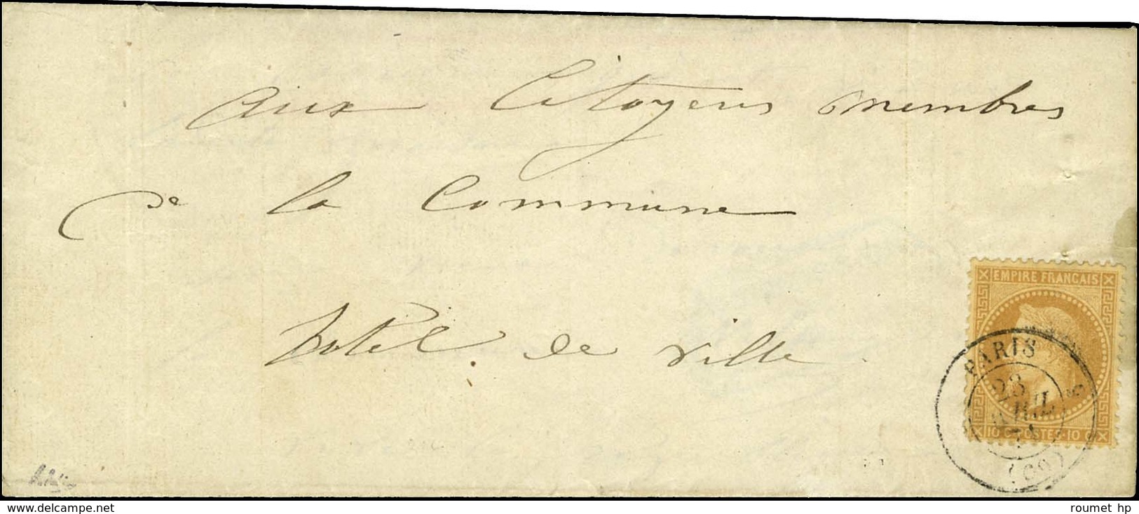 Càd 5 PARIS 5 (60) 23 AVRIL 71 / N° 28 Sur Lettre Pour L'Hôtel De Ville, à L'intérieur Grand Cachet Rouge COMMUNE DE PAR - Guerre De 1870