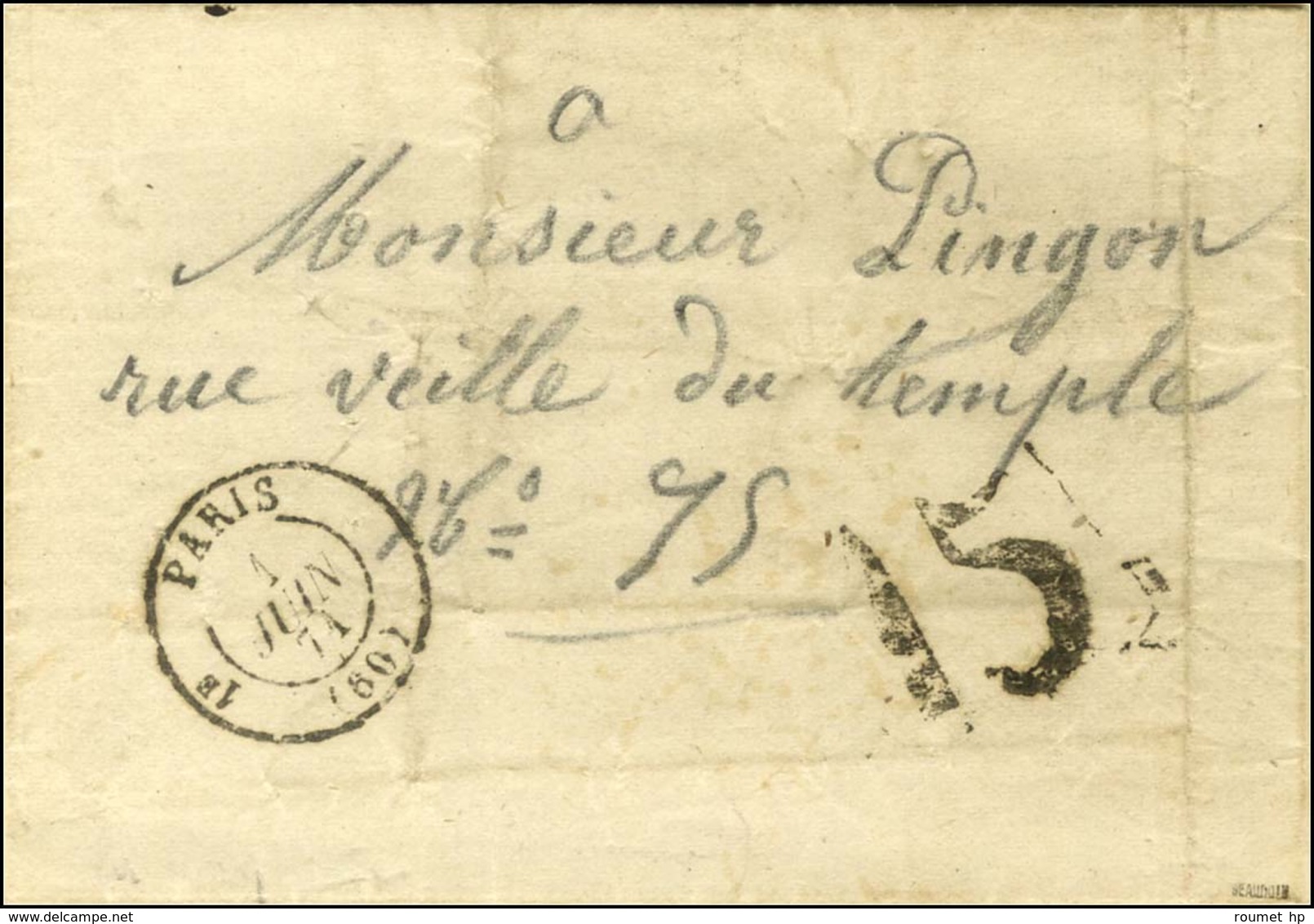 Càd PARIS (60) 1 JUIN 71 Et Taxe Tampon 15 De Fabrication Locale Sur Lettre Avec Texte D'un Prisonnier De La Commune Dét - Krieg 1870