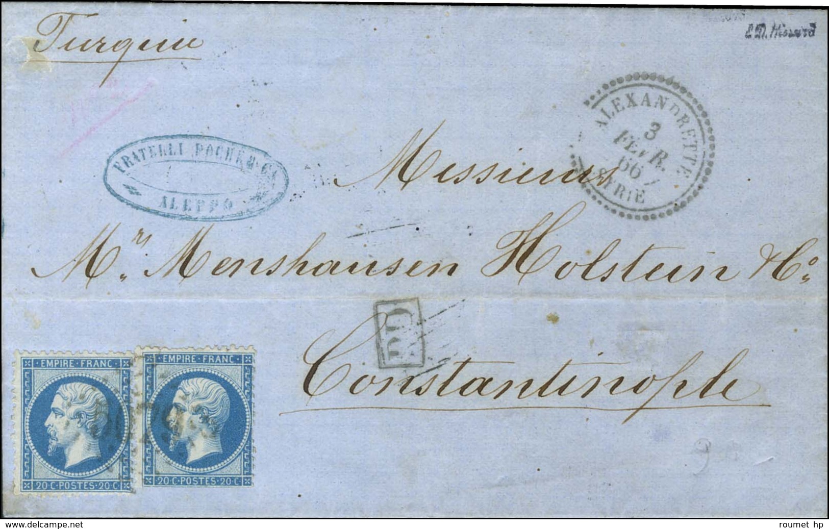 GC 5079 / N° 22 (2) (1 Ex Def) Càd ALEXANDRETTE / SYRIE 3 FEVR. 66 Sur Lettre Avec Texte Daté D'Alep Le 2 Février 1866,  - Schiffspost