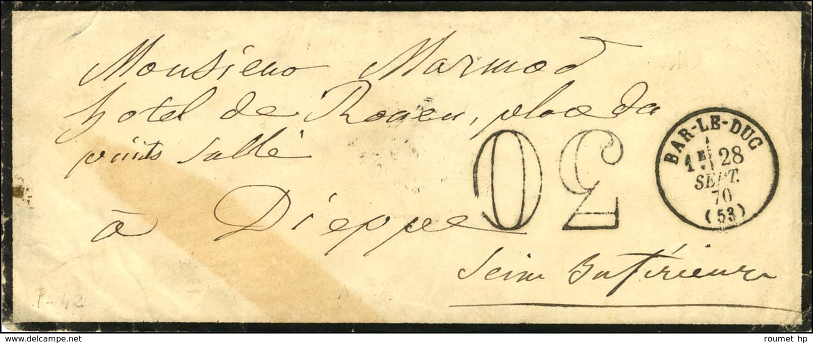 Càd T 16 BAR-LE-DUC (53) Taxe 30 DT Sur Lettre Pour Dieppe. 1870. - TB / SUP. - Cartas & Documentos