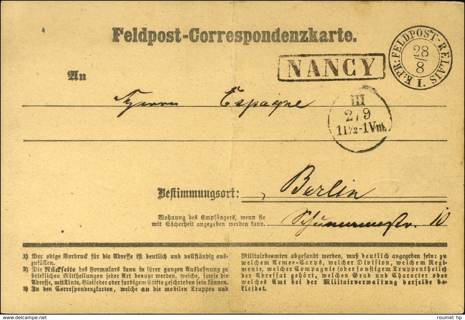 Càd KPR FELDPOST RELAIS / 1 Sur Carte De Correspondance Pour Berlin Datée De Nancy Le 28 Août 70. Au Recto, Griffe Provi - Covers & Documents