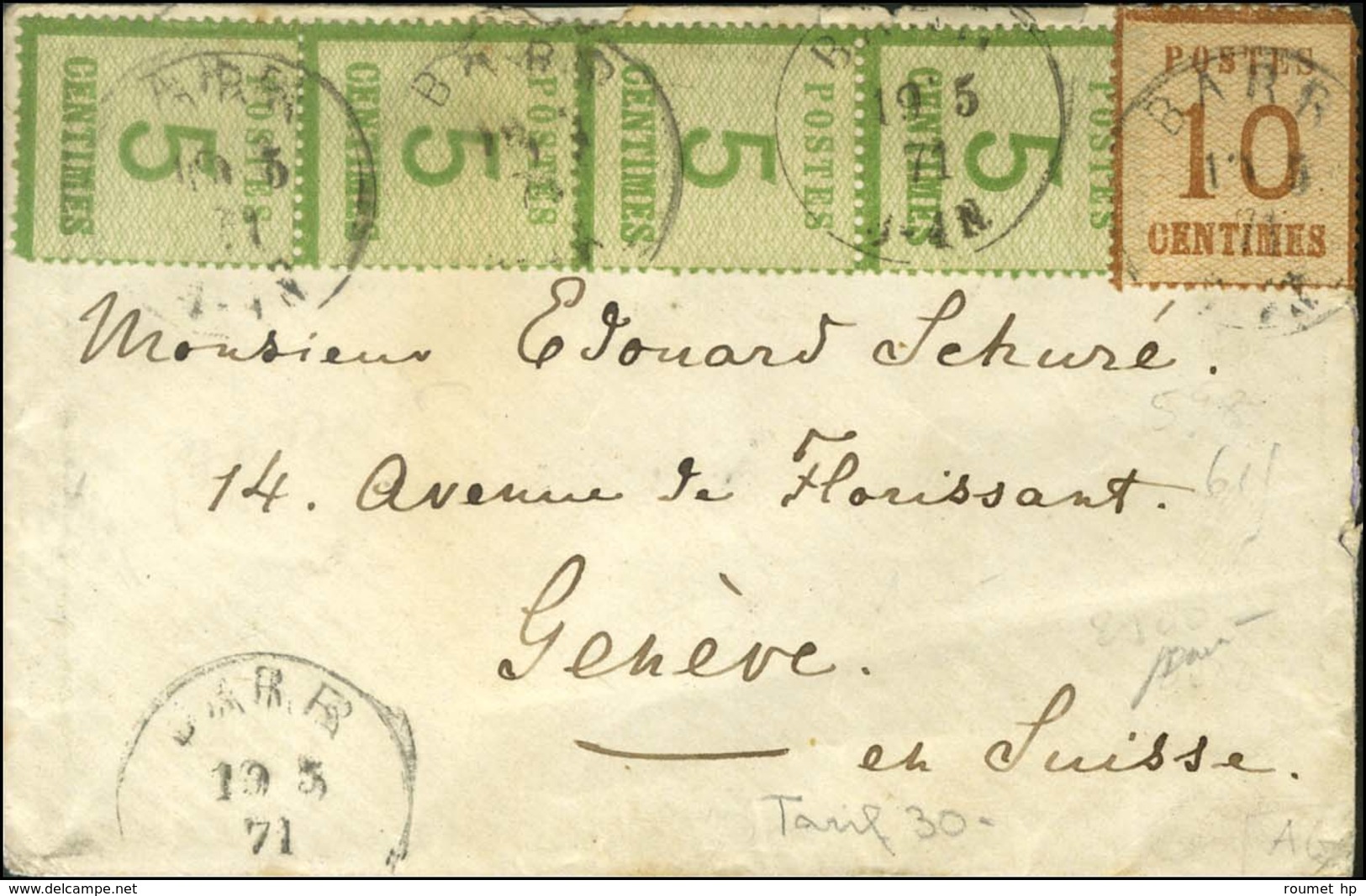 Càd BARR / Alsace N° 4 (4) + 5 (leg Def) Sur Lettre Pour Genève. 1871. - TB. - Storia Postale