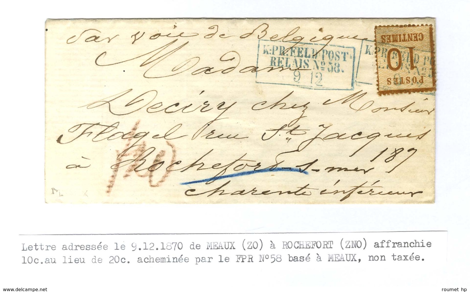 Cachet Encadré Bleu KPR FELDPOST / RELAIS N° 58 / Alsace N° 5 Sur Lettre Avec Texte Daté De Meaux Le 9 Décembre 1870 Pou - Cartas & Documentos