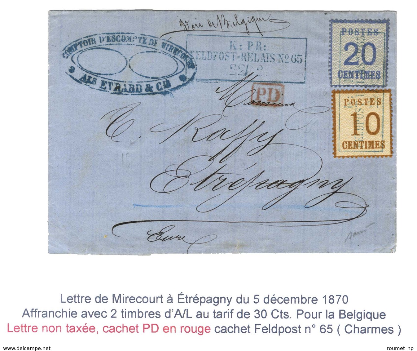 Cachet Bleu Encadré K:PR / FELDPOST-RELAIS N°65 / Als. N° 5 + 6 Sur Lettre De Mirecourt Pour Etrépagny Par La Voie De Be - Covers & Documents