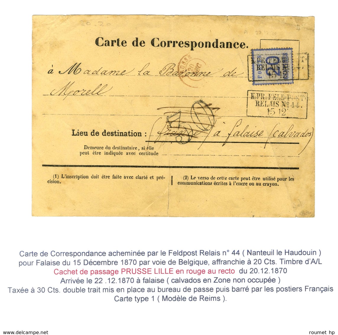 Cachet Encadré K:PR FELDPOST / RELAIS N°44 / Als. N° 6 Sur Carte De Correspondance Pour Falaise Adressée Par La Voie De  - Cartas & Documentos