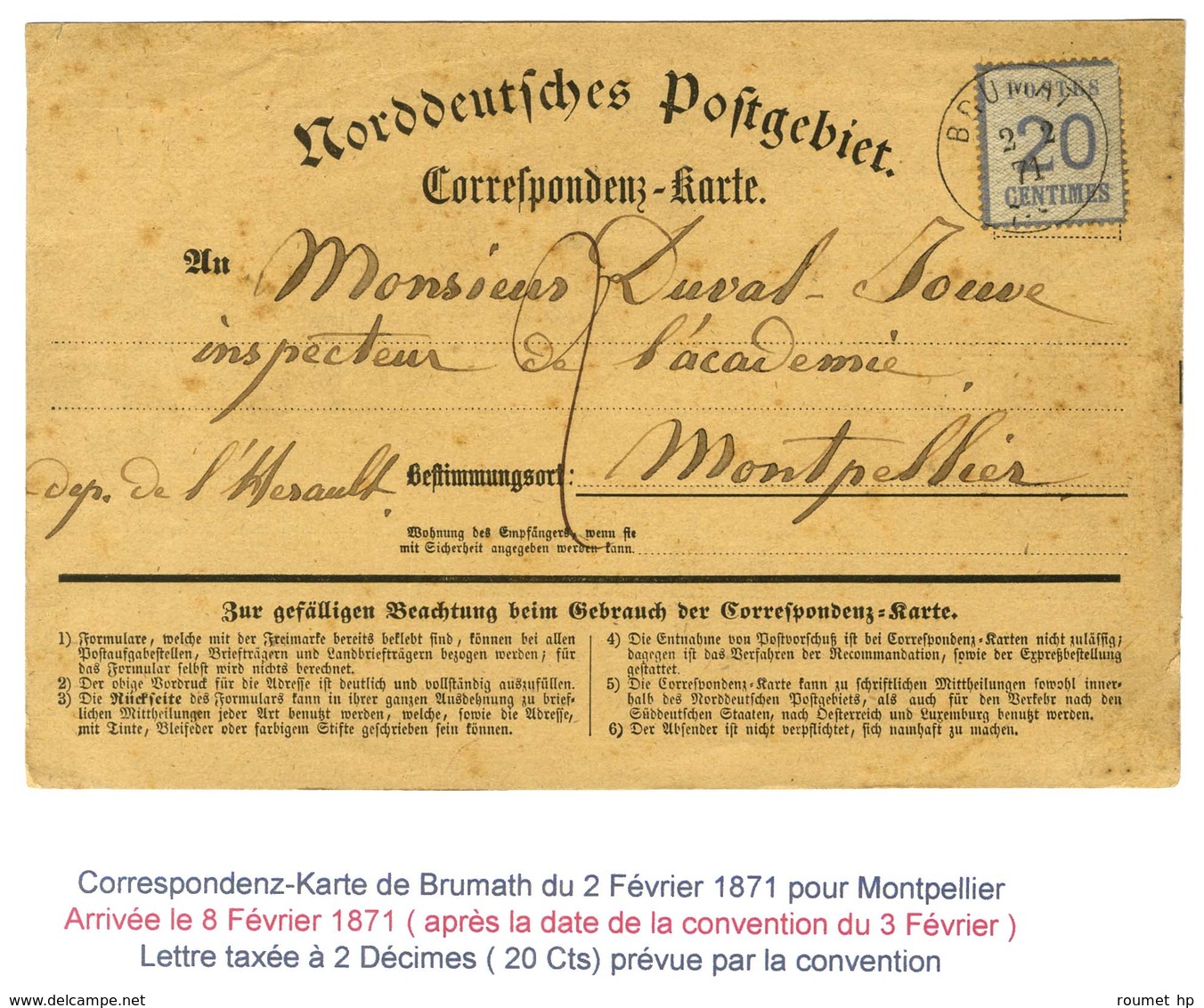 Càd BRUMAT / Als. N° 6 (pd) Sur Carte De Correspondance Pour Montpellier Taxée 2. 1871. - TB. - R. - Brieven En Documenten