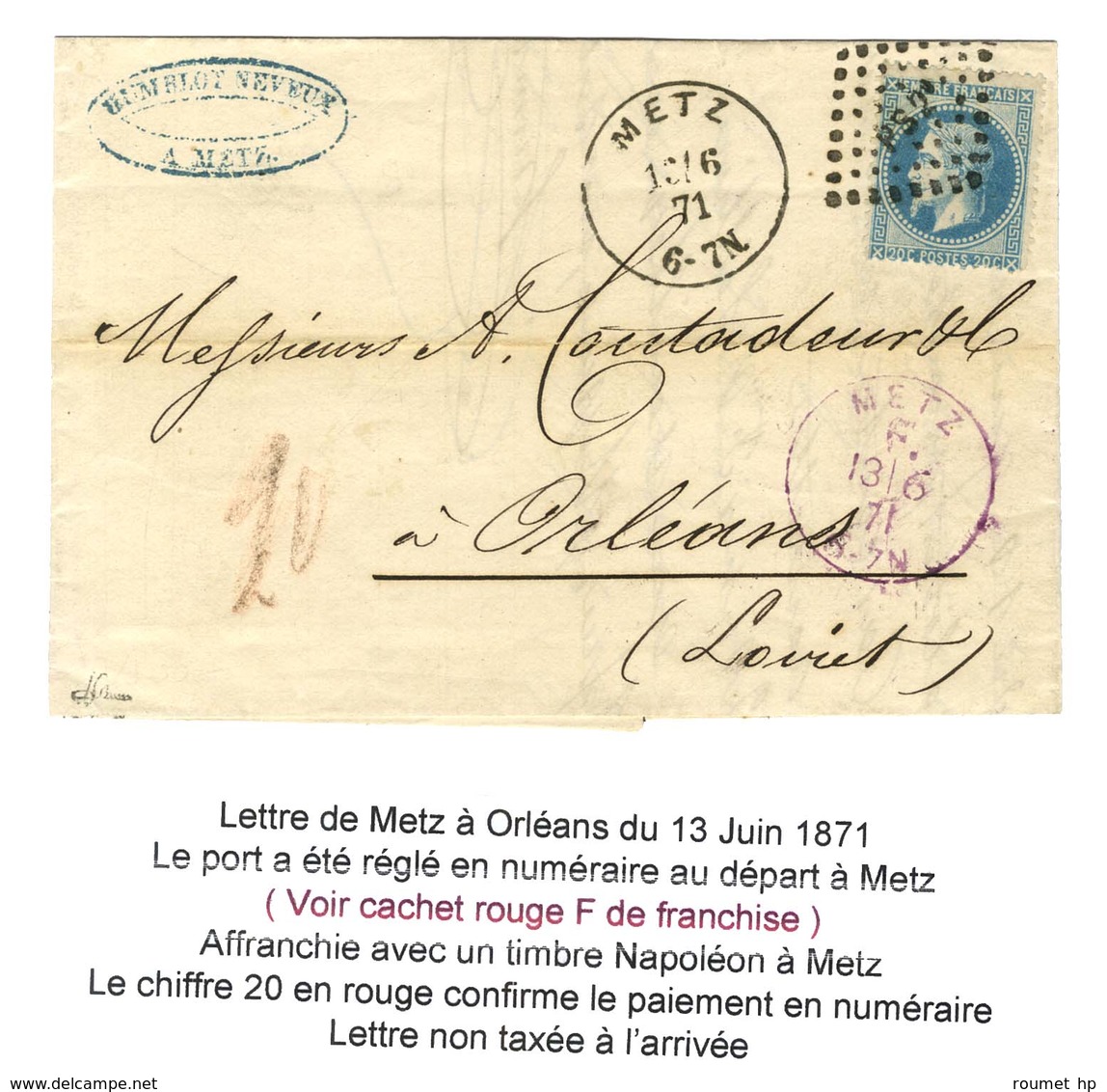 Losange PS 2° / N° 29 Càd METZ + Càd Violet METZ / F Sur Lettre Pour Orléans. 1871. Rare Association. - SUP. - R. - Brieven En Documenten