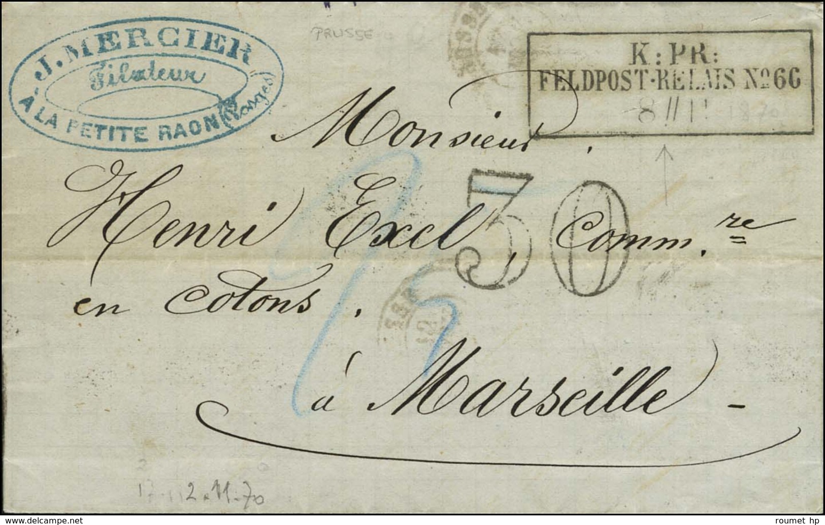 Cachet Encadré K:PR FELDPOST-RELAIS N°66 Sur Lettre Avec Texte Daté '' La Petite Raon '' Le 2 Novembre 1870 Pour Marseil - Storia Postale