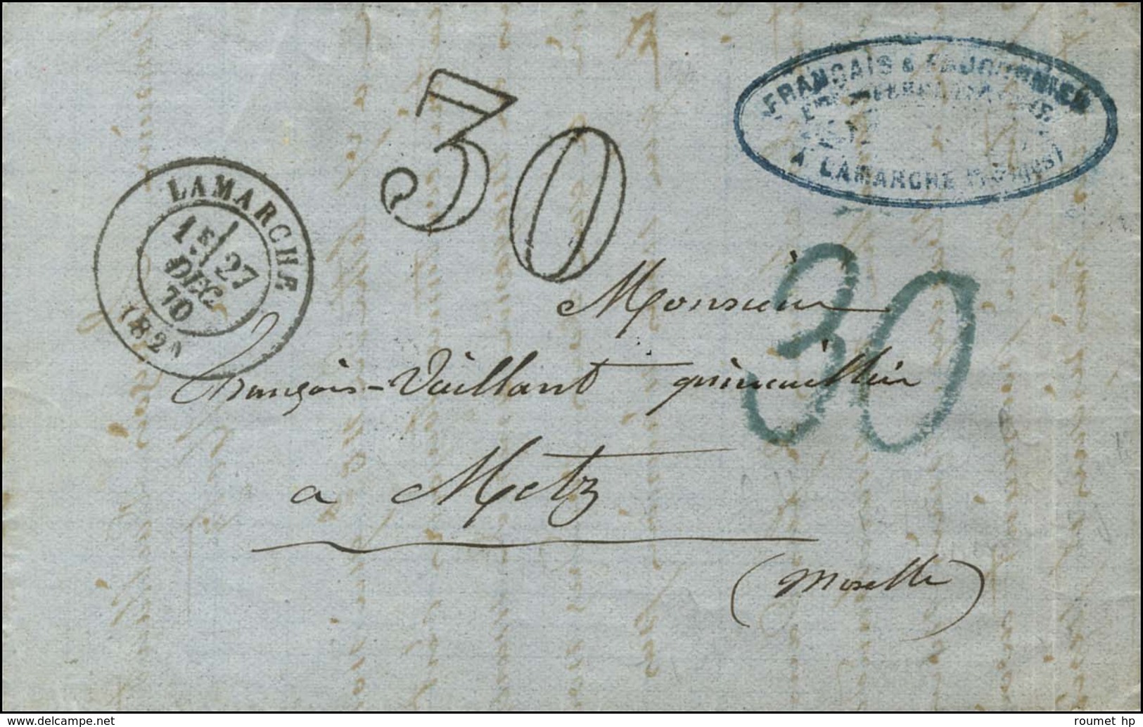 Càd T 17 LAMARCHE (82) Taxe 30 DT Sur Lettre Pour Metz, Au Recto Taxe Tampon 30 Bleue. 1870. - SUP. - Storia Postale