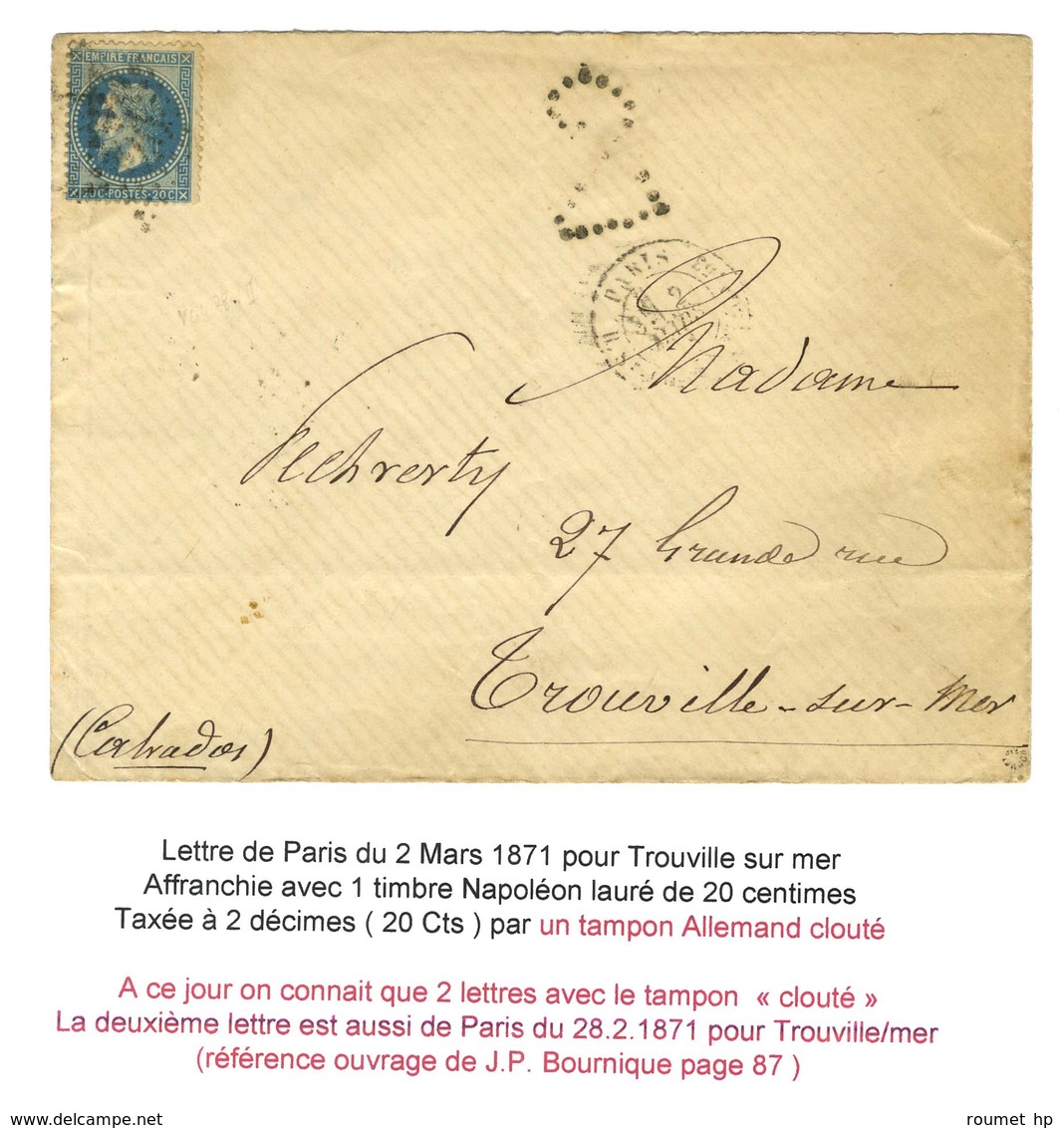 Etoile 20 / N° 29 Càd PARIS / R. St DOM St Gn N° 53 2 MARS 71 Sur Lettre Pour Trouville, Au Recto Taxe Tampon 2 Cloutée. - Cartas & Documentos