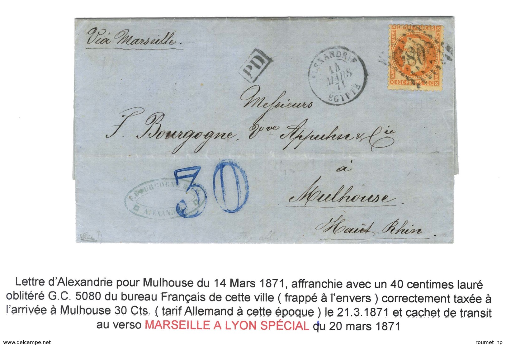 GC 5080 / N° 31 Càd ALEXANDRIE / EGYPTE 14 MARS 71 Sur Lettre Pour Mulhouse, Au Recto Taxe 30 DT Bleue. 1 Des 2 Lettres  - Cartas & Documentos