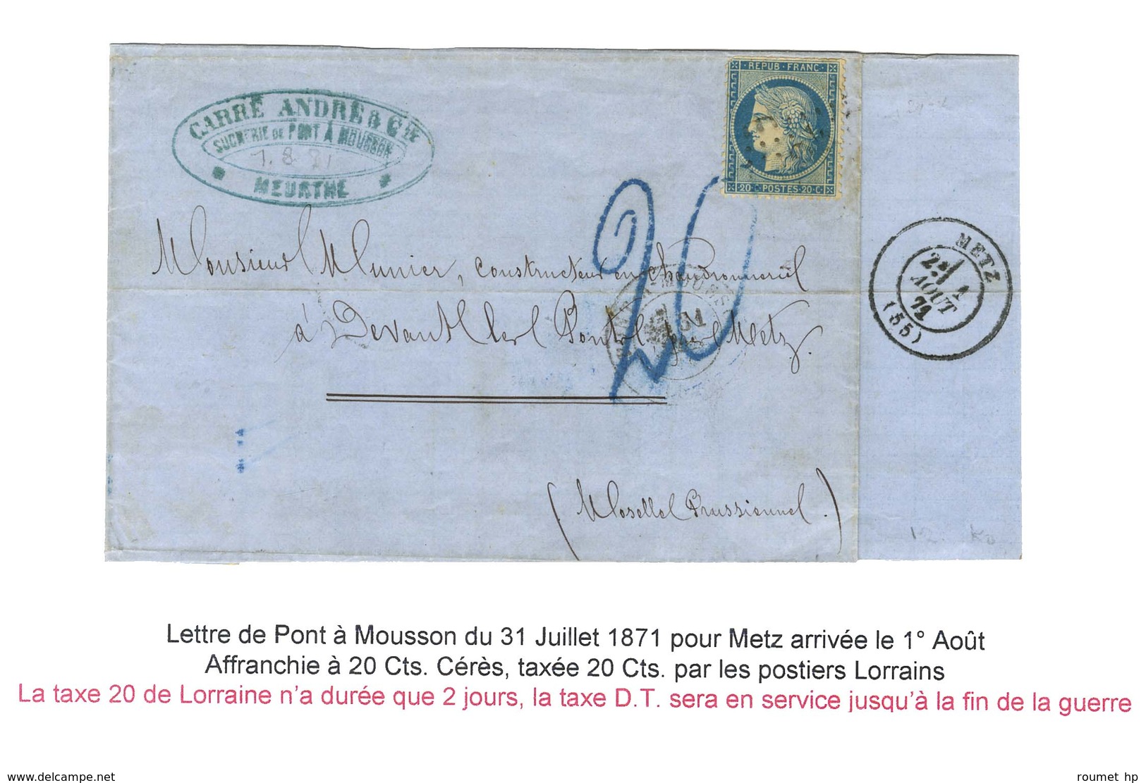 GC 2924 / N° 37 Càd T 17 PONT-A-MOUSSON (52) 31 JUIL. 70 Sur Lettre Pour Metz, Au Recto Très Rare Taxe 20 Bleue (modèle  - Covers & Documents