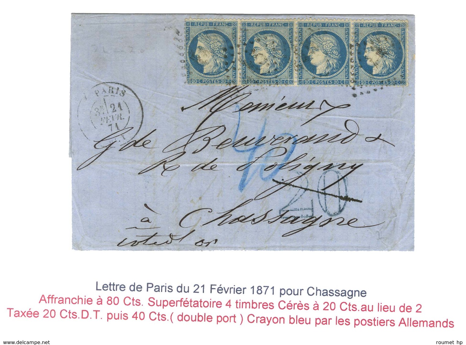 GC 445 / N° 37 Bande De 4 Càd PARIS / BERCY 21 FEVR. 71 Sur Lettre Pour Chassagne, Au Recto Taxe 20 DT Bleue Annulée Et  - Storia Postale