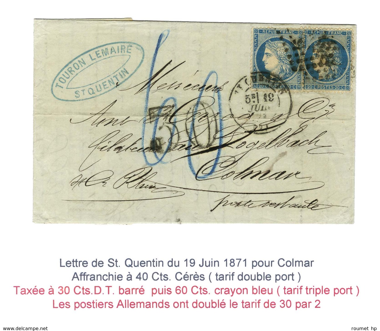 GC 3827 / N° 37 (2) Càd T 17 St QUENTIN (2) 19 JUIN 71 Sur Lettre Pour Colmar, Taxe 30 DT Annulée Et Remplacée Par La Ta - Cartas & Documentos