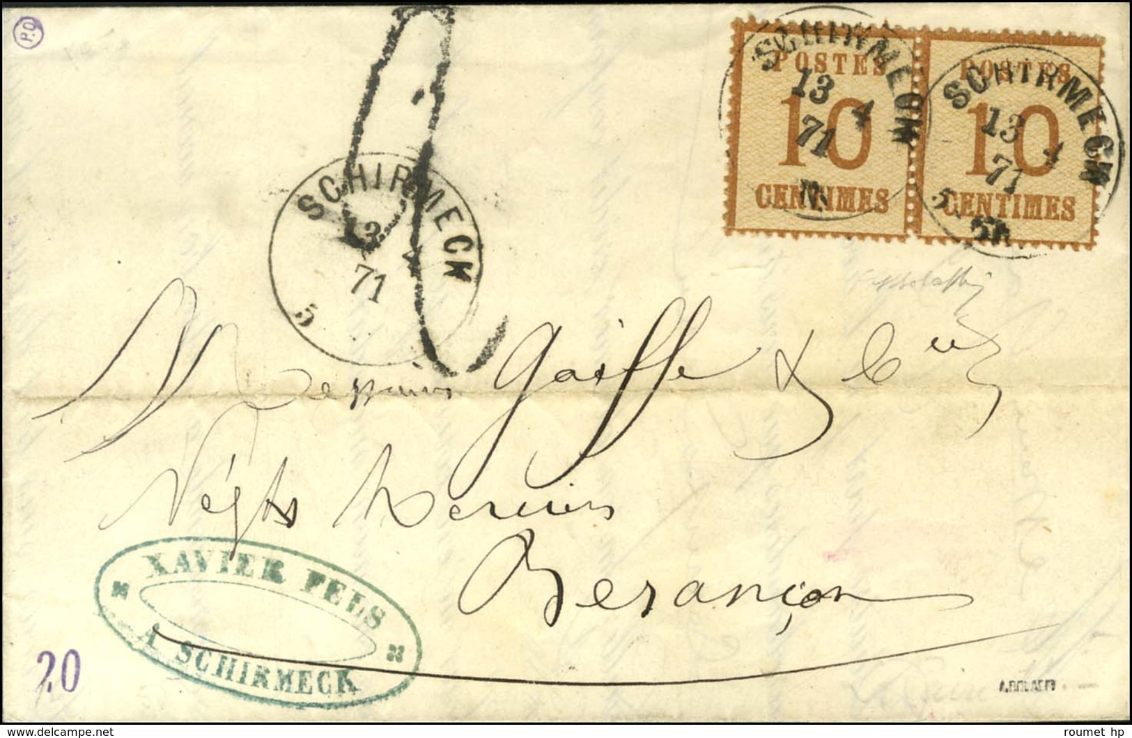 Càd SCHIRMECK / Als. N° 5 Paire Sur Lettre Pour Besançon, Au Recto Taxe Tampon 2. 1871. - TB / SUP. - Storia Postale