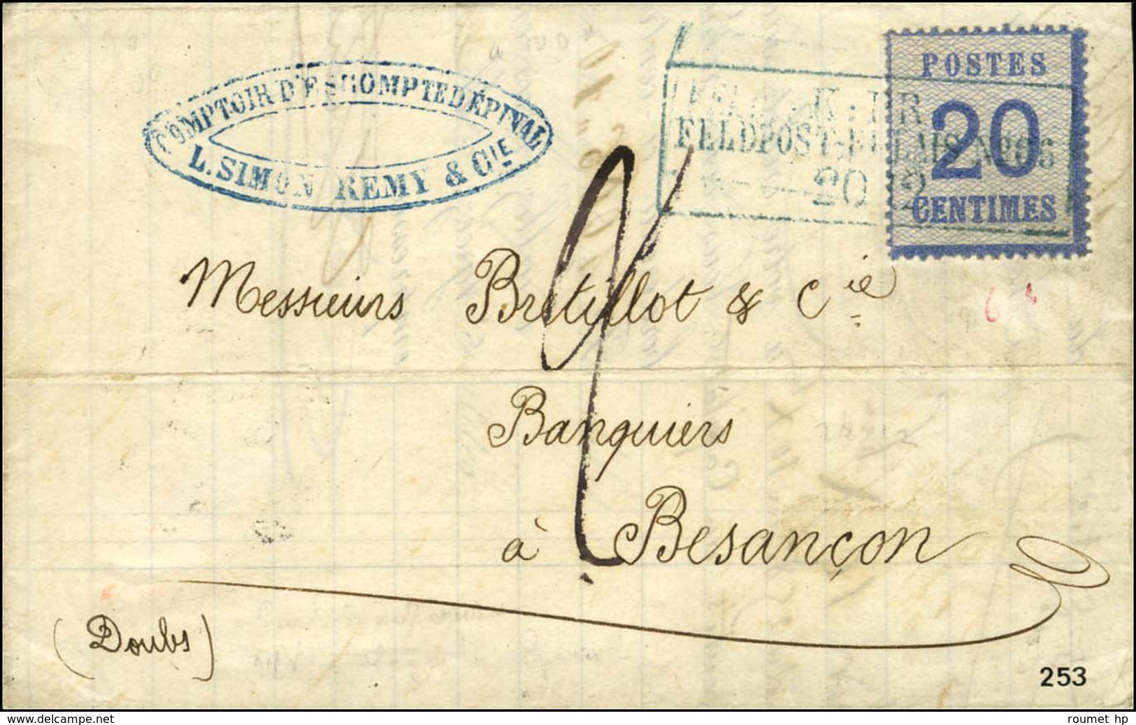 Cachet Bleu Encadré K:PR / FELDPOST-RELAIS N°66 / Als. N° 6 Sur Lettre Pour Besançon, Au Recto Taxe 2 Manuscrite. 1870.  - Cartas & Documentos