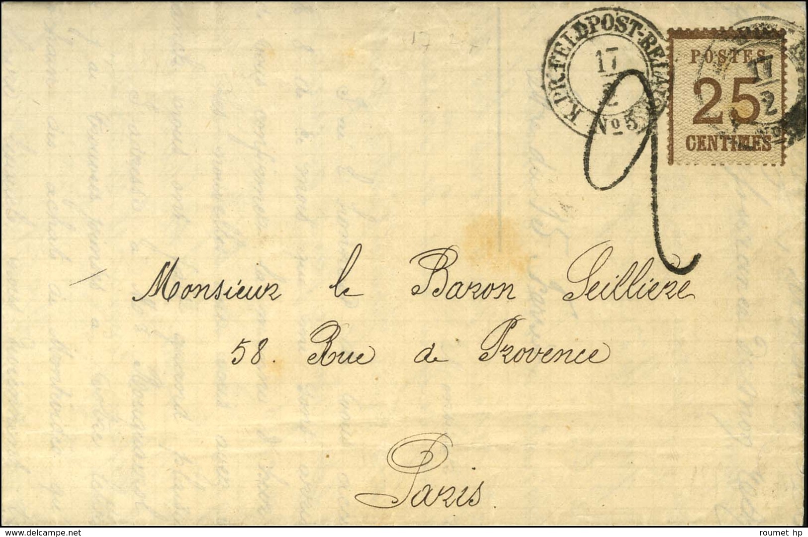Càd KPR FELDPOST RELAIS / N° 5 / Alsace N° 7 Sur Lettre Avec Texte Daté Du 16 Février 1871 Pour Paris. Au Recto, Taxe Ta - Cartas & Documentos