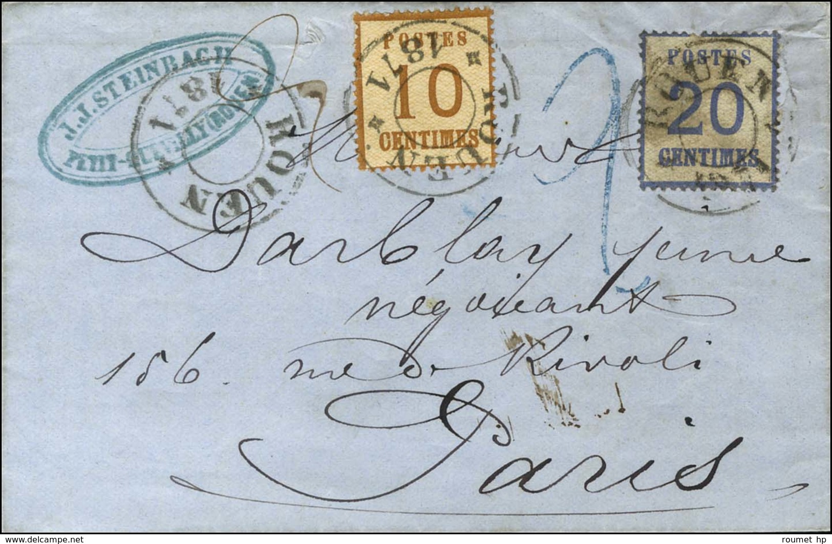 Cachet Provisoire ROUEN / 1871 / Als. N° 5 + 6 Sur Lettre Pour Paris Par La Voie De Belgique, Au Recto Taxe Tampon 2 Ble - Covers & Documents