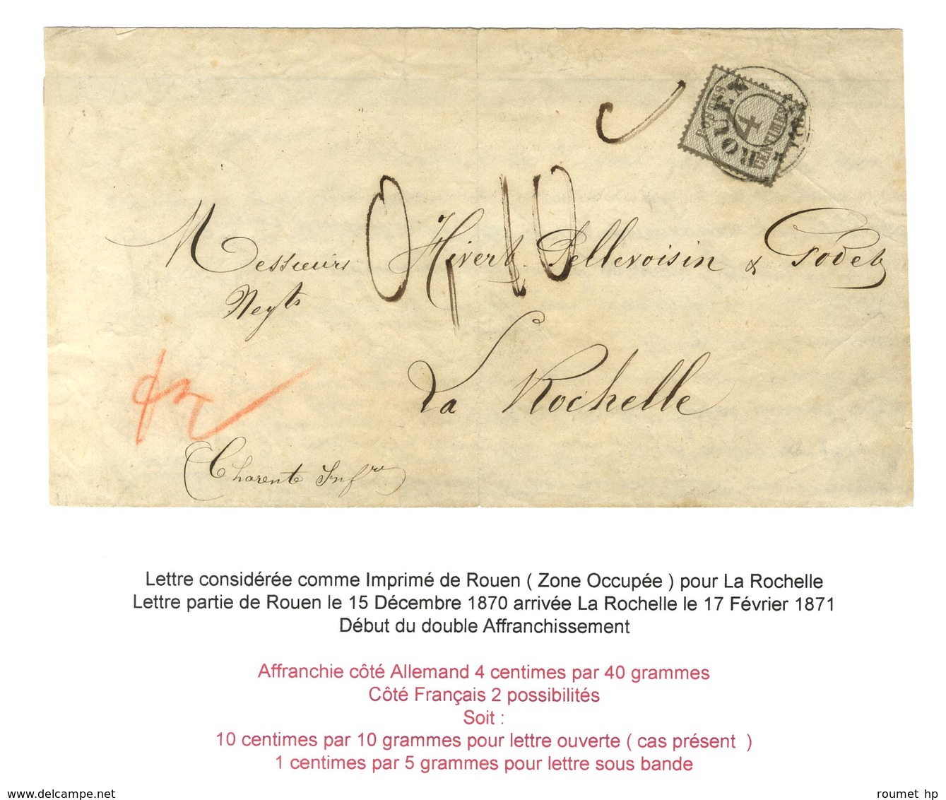 Cachet Provisoire ROUEN / 1871 / Als. N° 3 Sur Imprimé Pour La Rochelle, Au Recto Taxe 0,10c . Rare Association. - TB /  - Covers & Documents