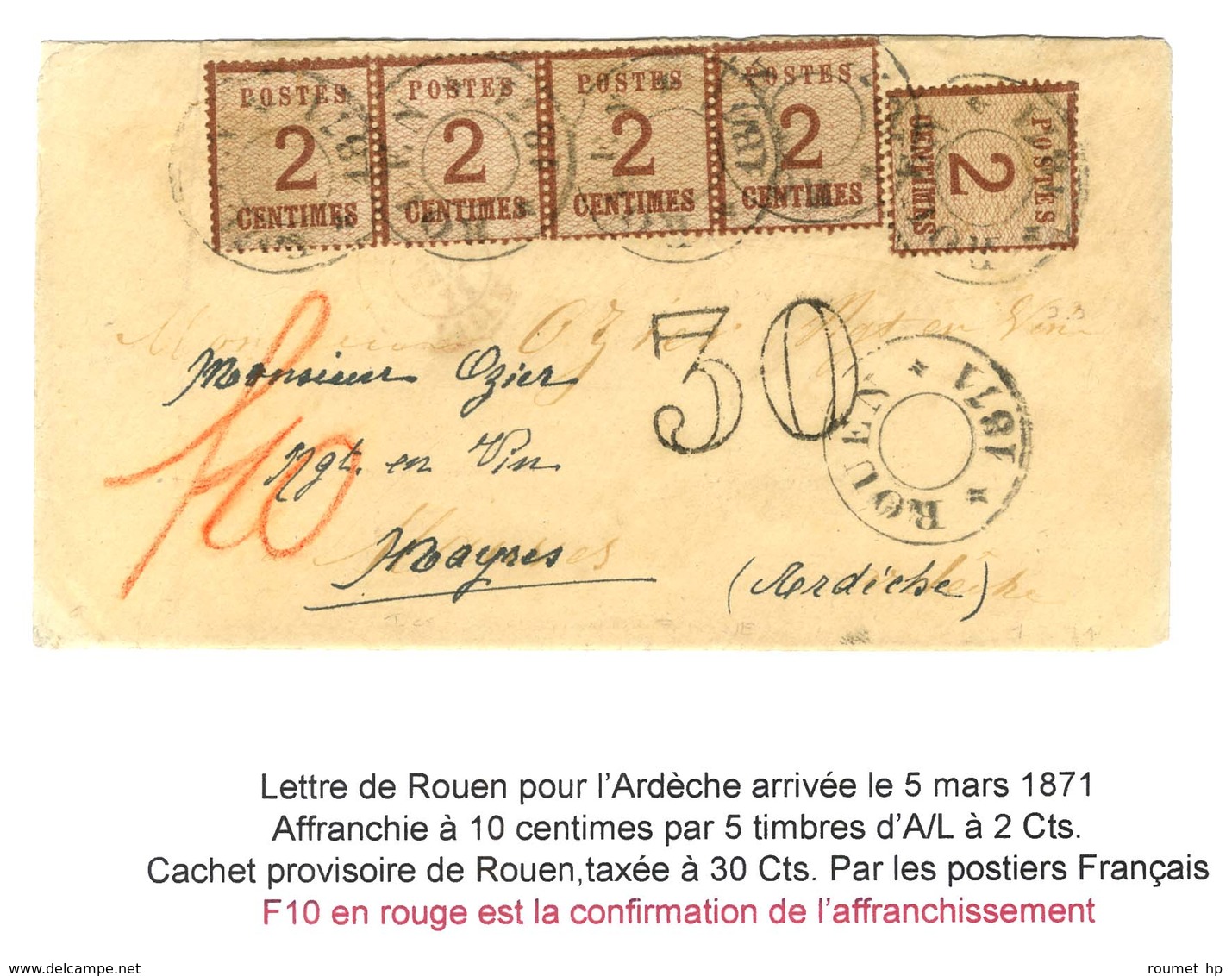 Cachet Provisoire ROUEN / 1871 / Als. N° 2 Bande De 4 + 1 Ex Sur Lettre Pour Tournon (Ardèche), Au Recto Taxe 30 DT, Au  - Brieven En Documenten