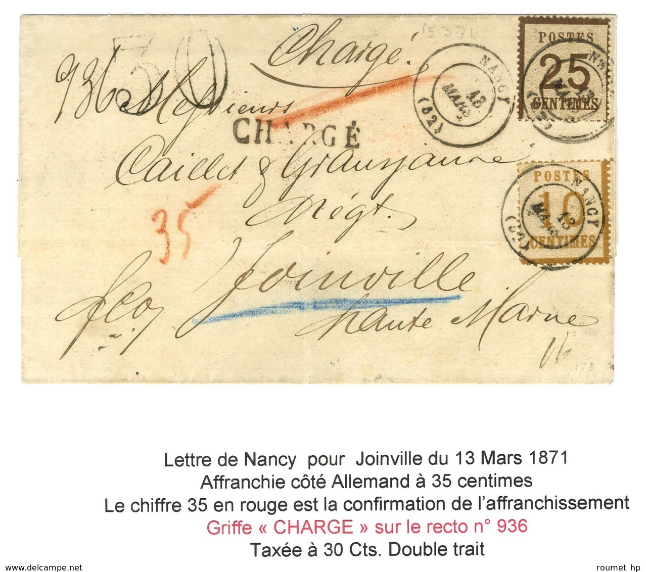 Càd T 17 NANCY (52) / Als. N° 5 + 7 Sur Lettre Chargée Pour Joinville, Au Recto Taxe 30 DT. 1871. - TB / SUP. - R. - Storia Postale