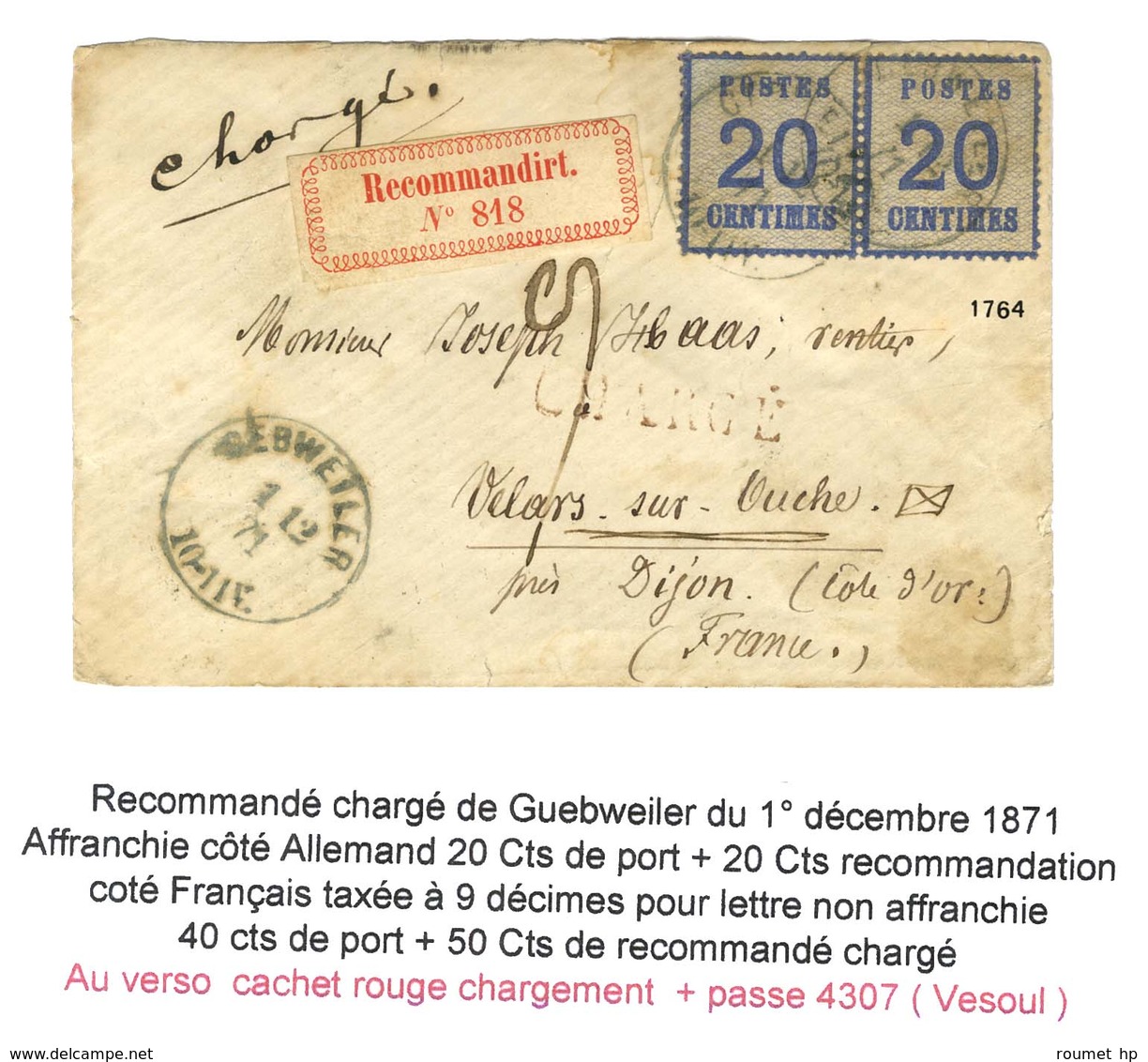 Càd GEBWEILER / Als. N° 6 Paire Sur Lettre Chargée Avec étiquette De Recommandation Pour Vilars Sur Ouche, Au Recto Taxe - Covers & Documents