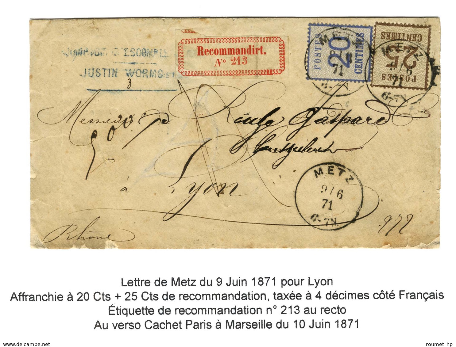 Càd METZ / Als. N° 6 + 7 Sur Lettre Recommandée Pour Lyon, Au Recto étiquette De Recommandation Et Taxe 4 Décimes. 1871. - Brieven En Documenten