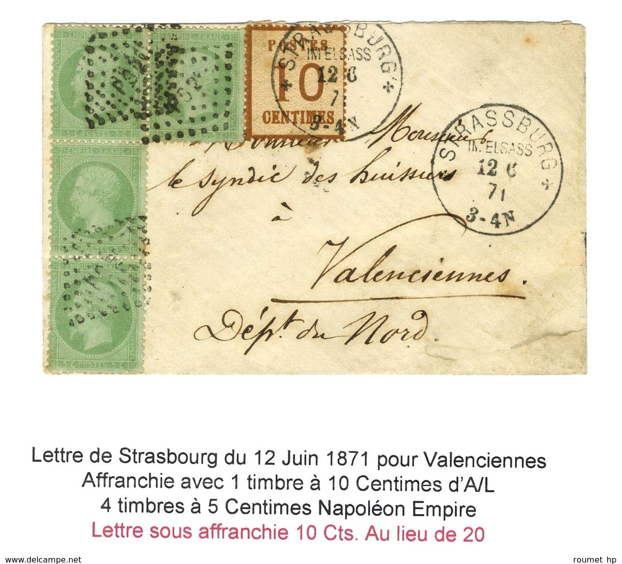 Càd STRASSBURG / Als. N° 5 + Losange PS 2° / N° 20 (4) Sur Lettre En Affranchissement Mixte Pour Valenciennes. 1871. - T - Brieven En Documenten