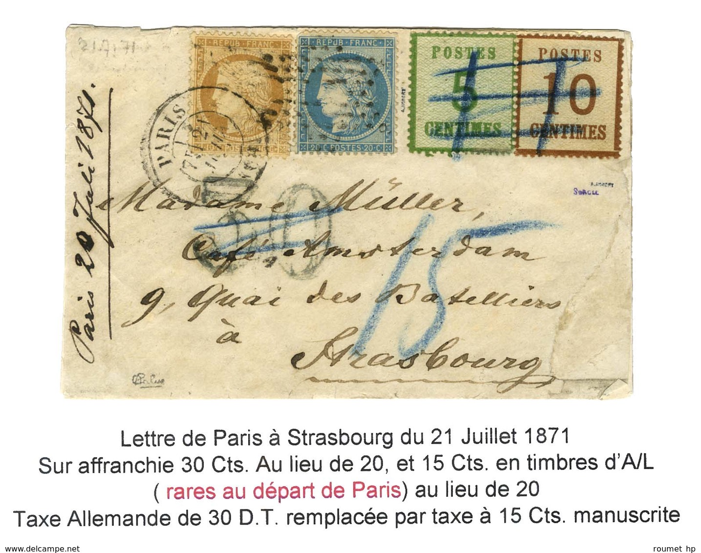 Etoile / N° 36 + 37 Càd PARIS (60) 21 JUIL. 71 Sur Lettre Suraffranchie à 30c. Pour Strasbourg + Als. N° 4 + 5 Oblitérés - Covers & Documents