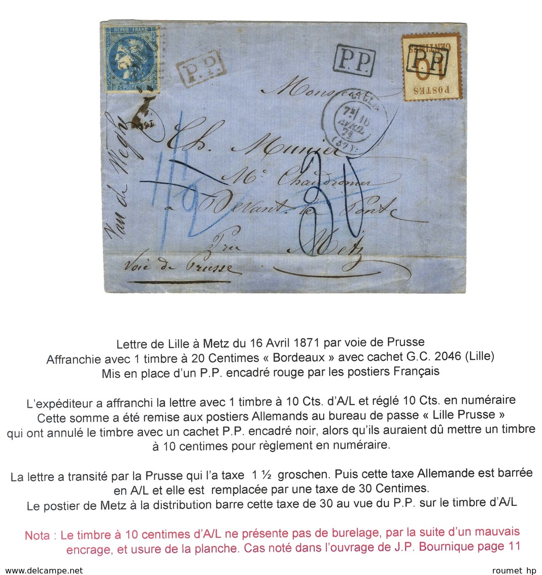GC 2046 / N° 46 Càd T 17 LILLE (57) 16 AVRIL 71 Sur Lettre Pour Metz Par La Voie De Prusse, P.P. Rouge. L'expéditeur A A - Brieven En Documenten