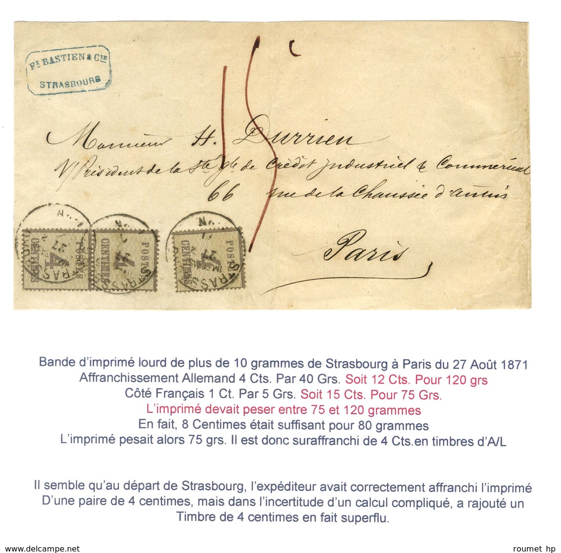 Càd STRASSBURG / Als. N° 3 (paire + 1ex) Sur Imprimé Pour Paris, Au Recto Taxe 15c. 1871. - TB. - RR. - Brieven En Documenten