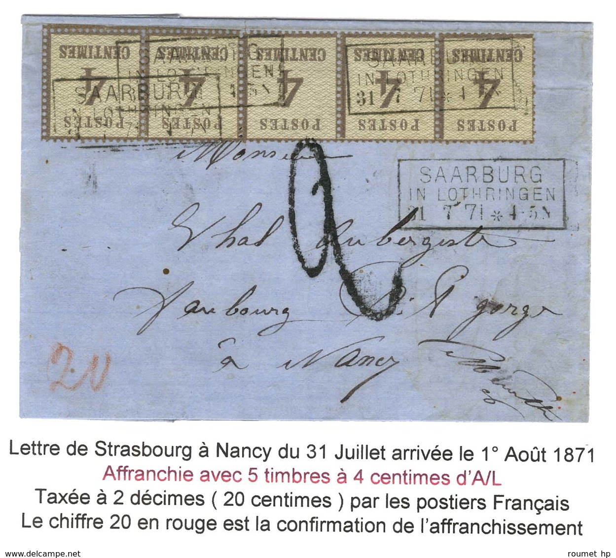 Cachet Encadré SAARBURG IN LOTHRINGEN / Als. N° 4 Bande De 5 Sur Lettre Pour Nancy, Au Recto Taxe Tampon 2. - SUP. - RR. - Brieven En Documenten