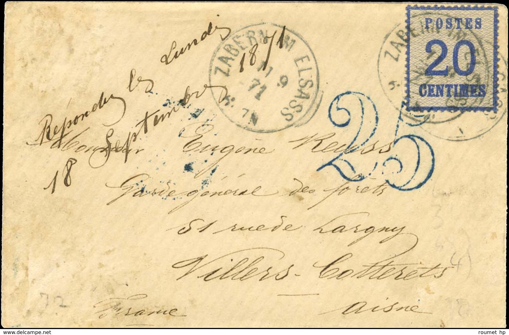Càd ZABERN IM ELSASS / Als. N° 6 Sur Lettre Pour Villers-Cotterets, Au Recto Taxe 25 DT Bleue. 1871. - TB. - Cartas & Documentos