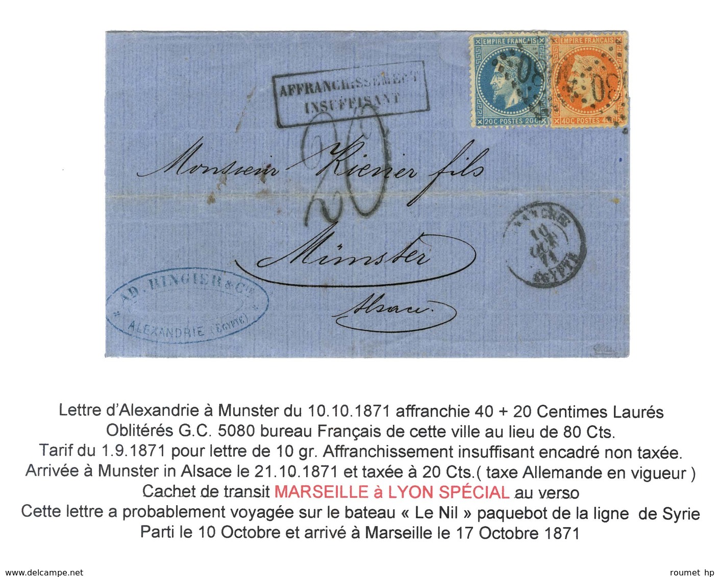 GC 5080 / N° 29 + 31 Càd ALEXANDRIE / EGYPTE Sur Lettre Insuffisamment Affranchie Pour Munster, Au Recto Taxe Tampon 20. - Cartas & Documentos