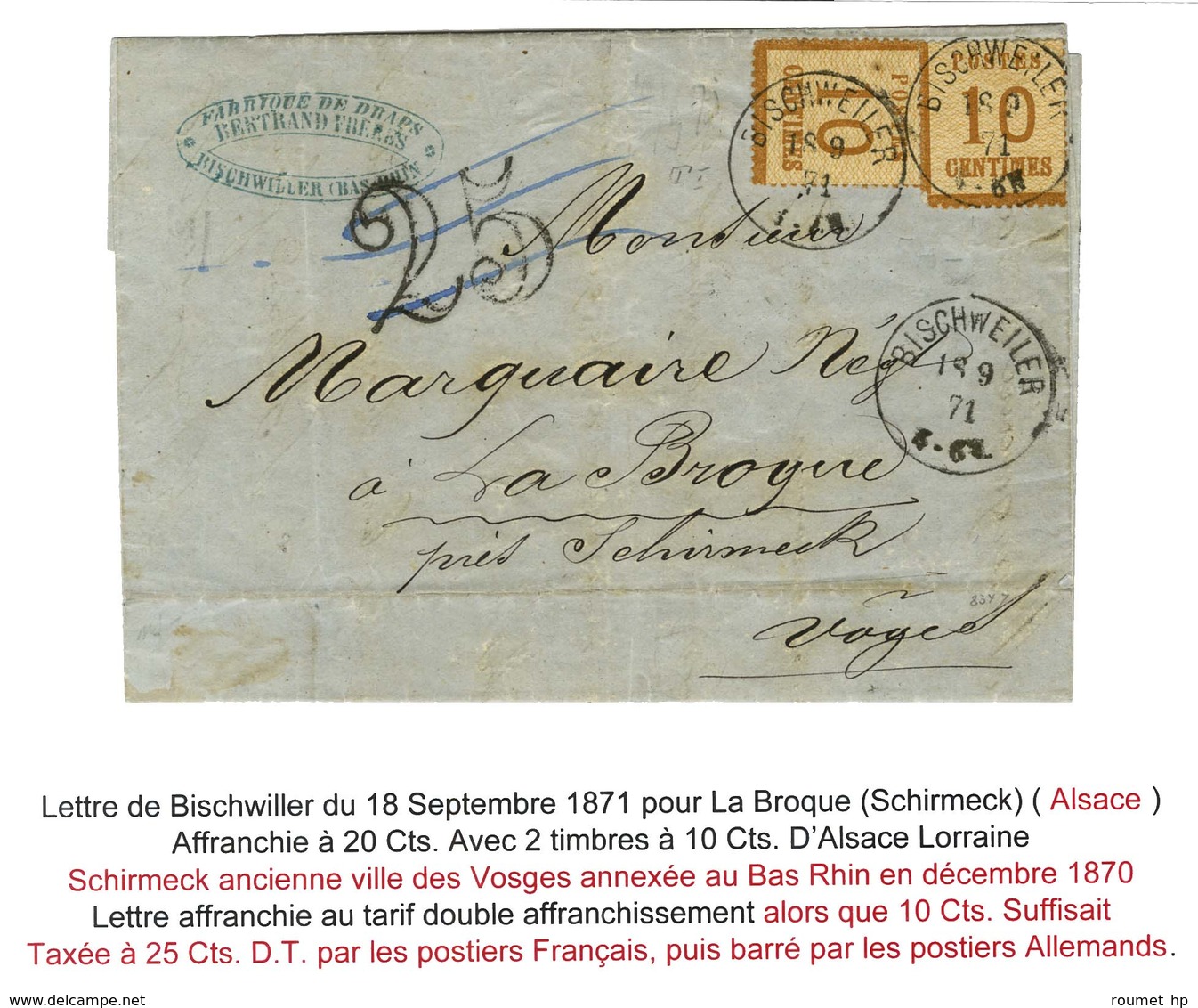 Càd BISCHWEILER 18 9 71 / Als. N° 5 (2) Sur Lettre Pour La Broque (Schirmeck), Au Recto Taxe 25 DT Annulée Au Crayon Ble - Covers & Documents