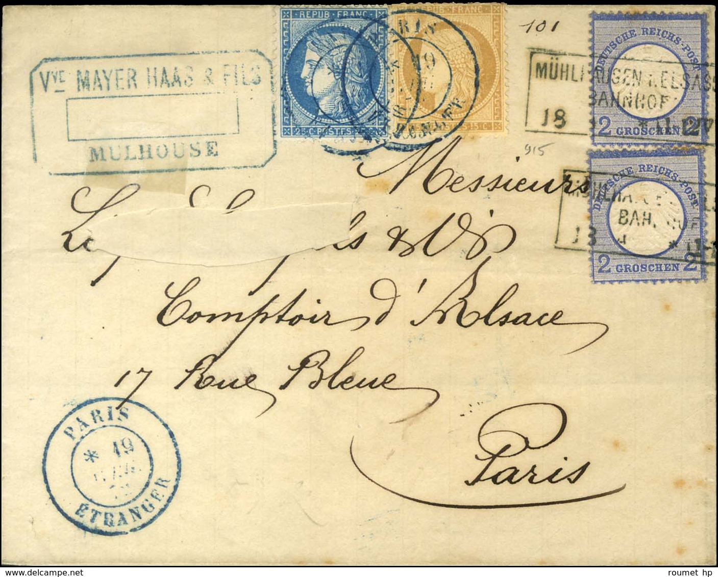 Cachet Encadré MUHLHAUSEN ELSASS / BAHNHOF / All. 2 Groschen (2) + Càd Bleu PARIS / ETRANGER / N° 59 + 60 Sur Lettre 2 P - Covers & Documents