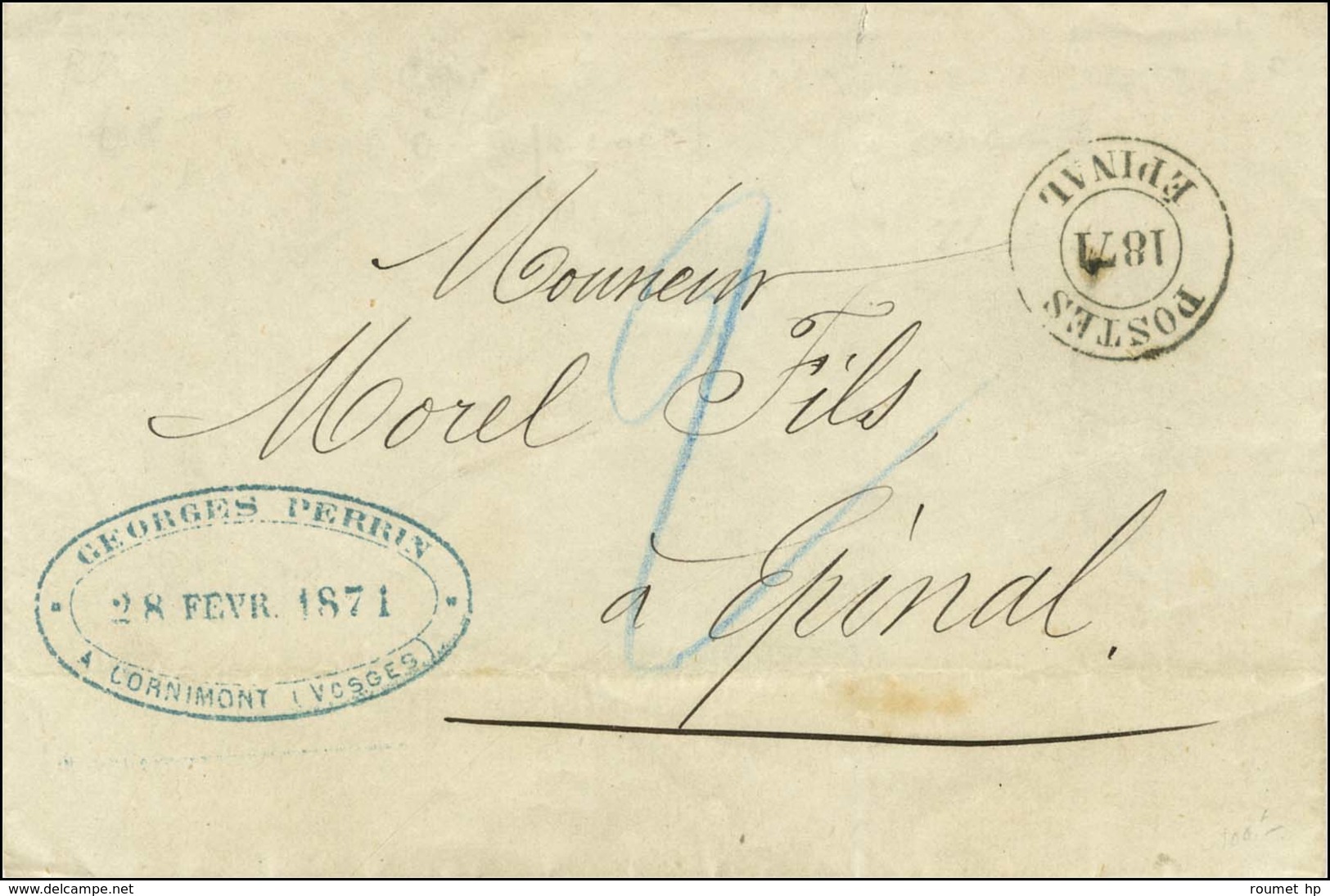 Lettre Datée De Cornimont Pour Epinal, Au Recto Cachet Provisoire POSTES / 1871 / EPINAL Et Taxe 2. 1871. - TB / SUP. - War 1870