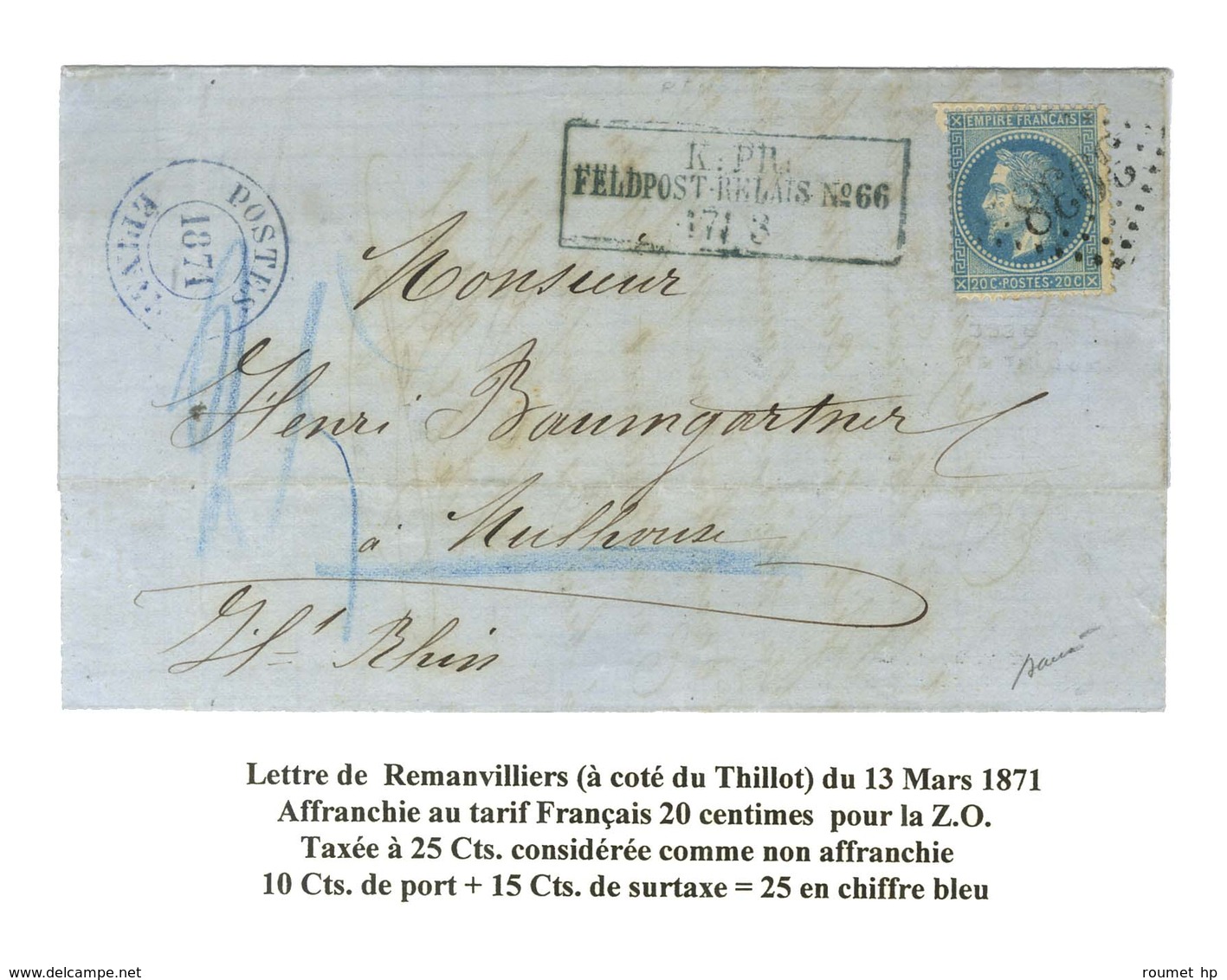 GC 3938 (Le Thillot) / N° 29 à Côté Cachet Bleu Encadré K:PR / FELDPOST-RELAIS N°66 Et Cachet Provisoire POSTES / 1871 / - Oorlog 1870