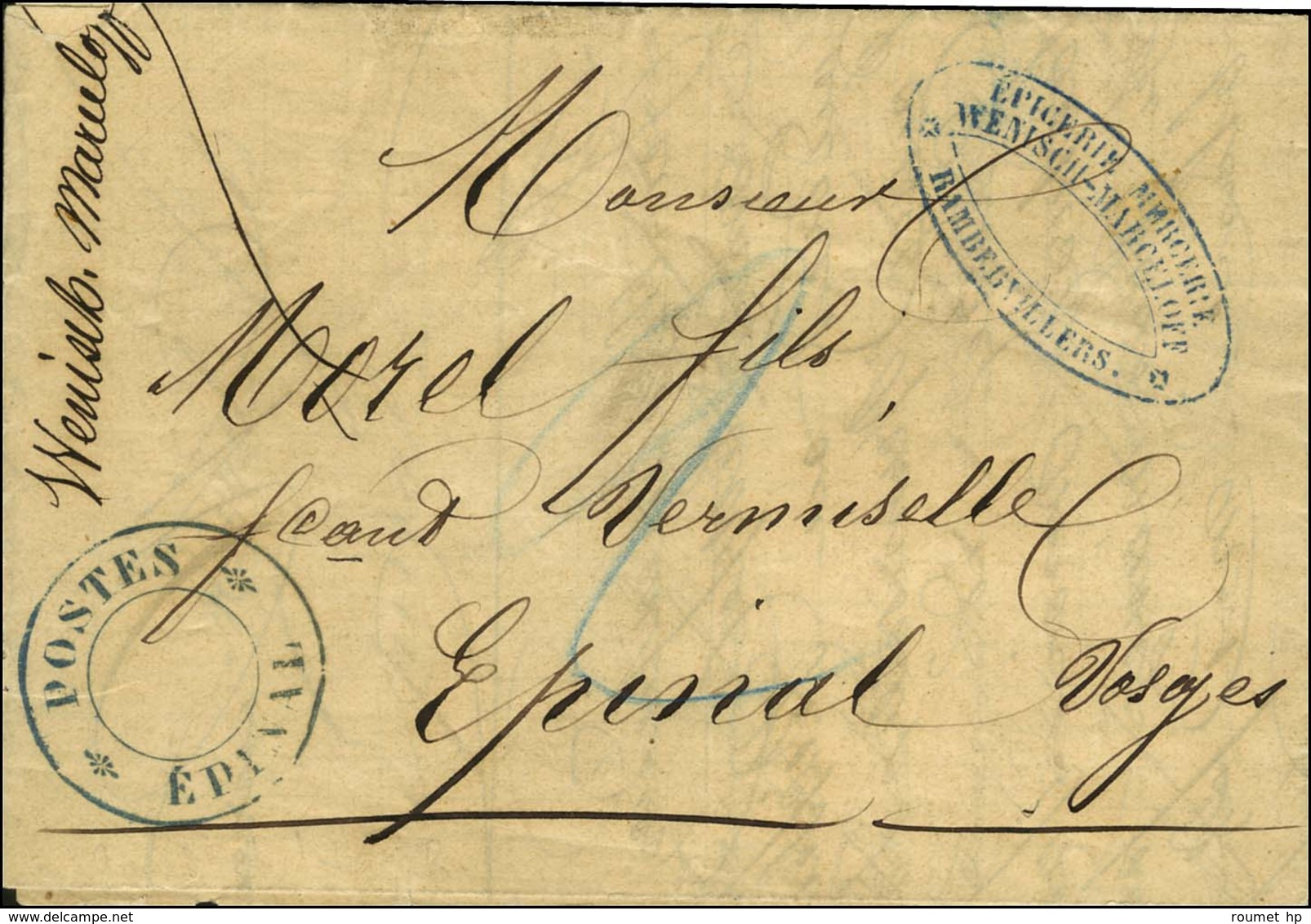 Grand Cachet Provisoire Bleu POSTES / EPINAL Sur Lettre Avec Texte Daté De Rambervillers Le 24 Décembre 1870 Pour Epinal - Guerra De 1870