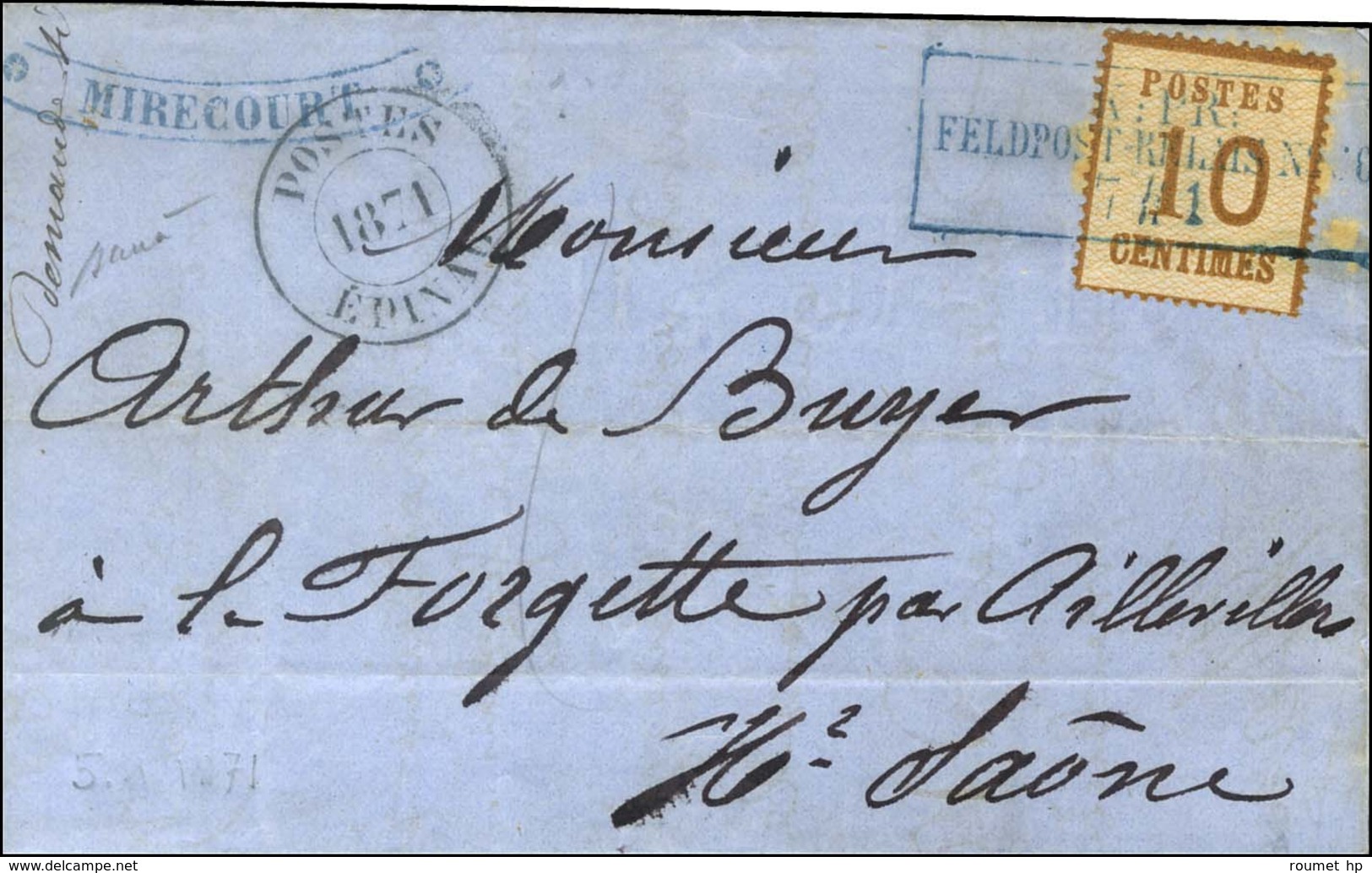 Cachet Encadré Bleu K:PR / FELDPOST-RELAIS N°66 / Als. N° 5 + Griffe Provisoire MIRECOURT Et Cachet Provisoire POSTES /  - War 1870