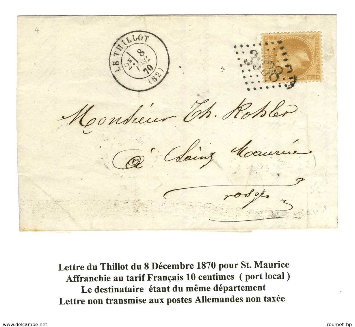 GC 3938 / N° 28 Càd T 17 LE THILLOT (82) 8 DEC. 70 Sur Lettre Pour St Maurice Affranchie Au Tarif Français à 10c (port L - War 1870