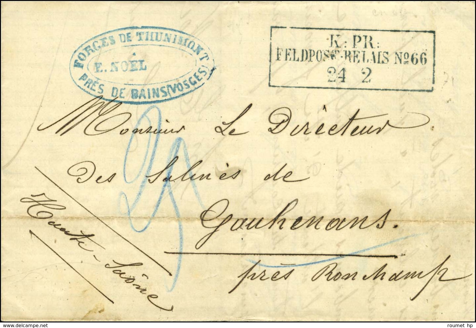 Cachet Encadré Bleu K:PR / FELDPOST-RELAIS N°66 Sur Lettre Avec Texte Daté De Bains Pour Ronchamp, Au Recto Taxe 25 Au C - War 1870