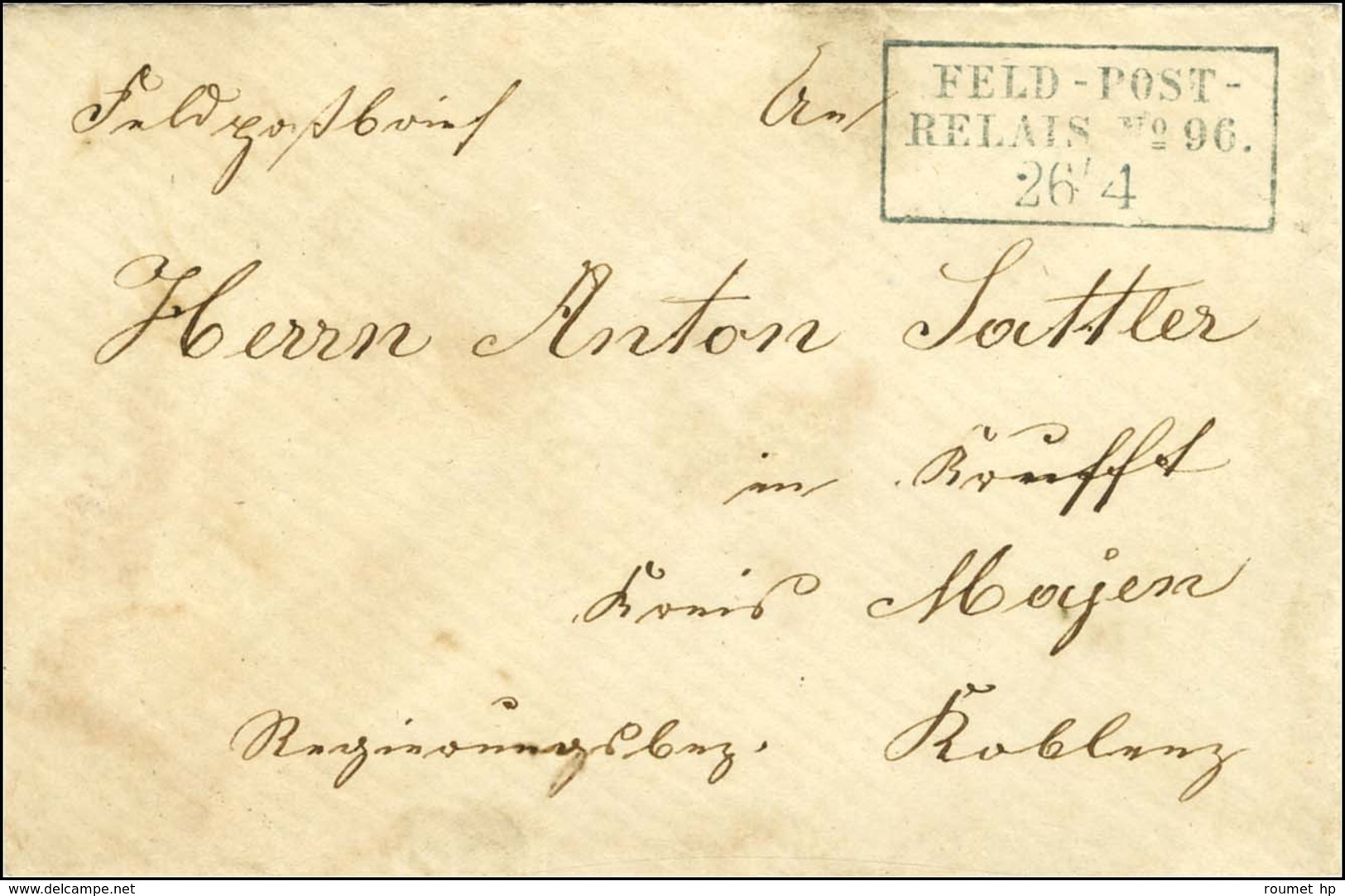 Cachet Encadré Bleu FELD-POST / RELAIS N°96 Sur Lettre D'un Militaire à Neufchateau (mention Au Verso) Adresée En Franch - Guerra Del 1870